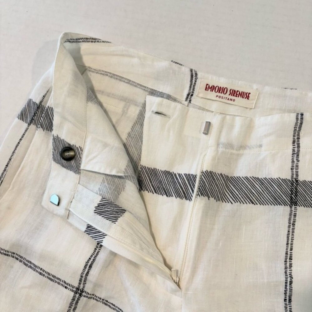 Emporio Sirenuse Linen Pants High Rise Wide Leg White Navy Check Plaid, IT 40 - Picture 6 of 15